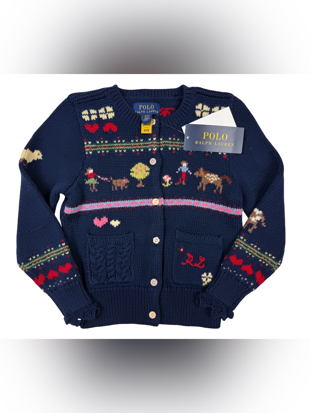 Ralph Lauren Intarsia-Knit Cotton Cardigan Farm House Home Stead 2/3 Sweater